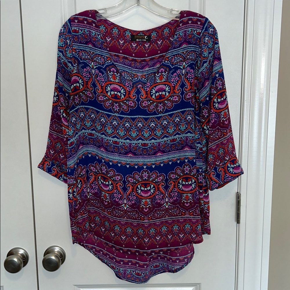 Renee C. Vibrant Paisley Blouse in Blue and Pink, Women’s M